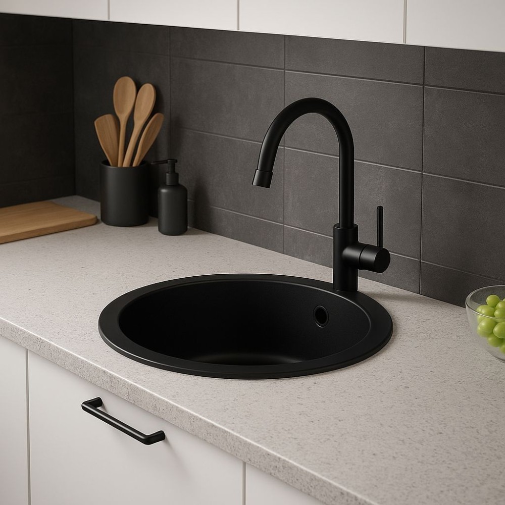 Runde Granitspüle Schwarz Ø 47 cm – mit Überlauf & Siphon-Set
